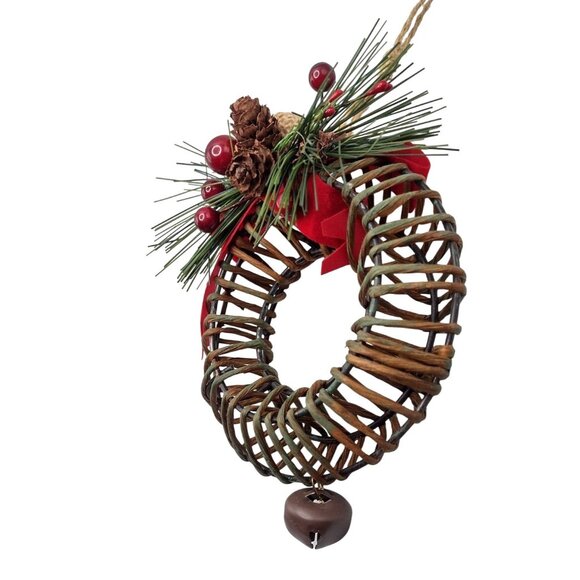 Vintage Large Rustic Woven Wreath Christmas Ornament Pine Cones & Bells 6" - Picture 3 of 6